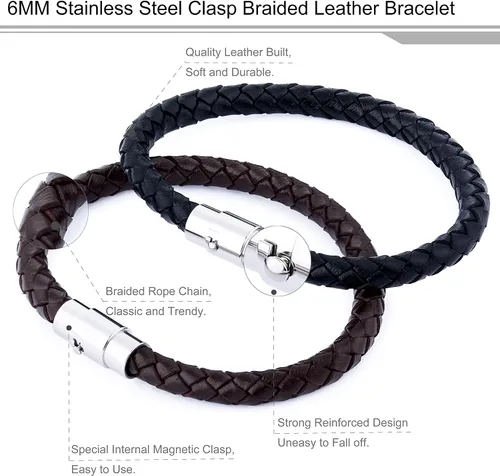 Vista 4 de FIBO STEEL 2-3 pulseras de cuero trenzado de acero inoxidable para hombres y mujeres, pulsera de muñeca de 7.5-8.5 pulgadas, Cuero, Circonita cúbica