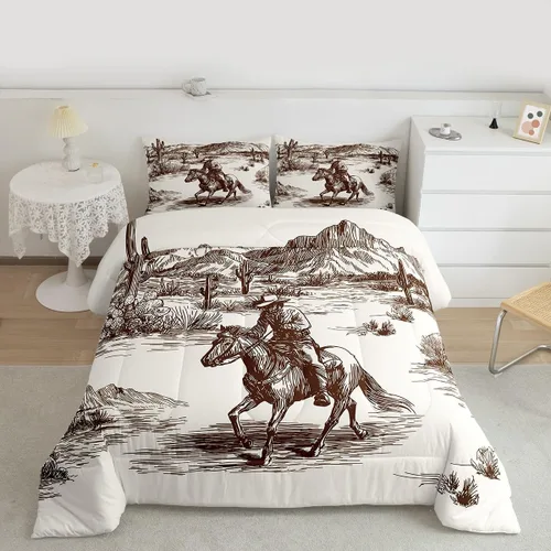 Vista 2 de Juego de edredón de vaquero individual, ropa de cama occidental para niños y hombres, ilustración dibujada a mano de caballo americano salvaje
