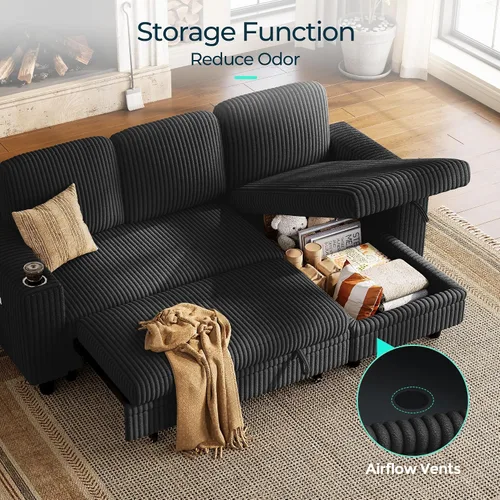 Vista 7 de LINSY HOME Sofá Cama Seccional Extraíble con Almacenamiento, Sofás Seccionales Modulares Extraíbles de Pana Suave para Sala de Estar, Sofá Cama