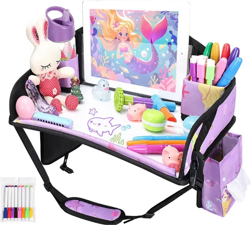 Vista 28 de 2 piezas Bandeja de viaje para niños, bandeja para asiento de coche para niños Viaje, Esenciales de viaje en carretera para niños con kit de dibujo