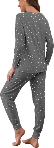 Vista 2 de DUSDIMON Conjunto de pijama de manga larga para mujer, conjunto de dos piezas con bolsillos, ajuste holgado