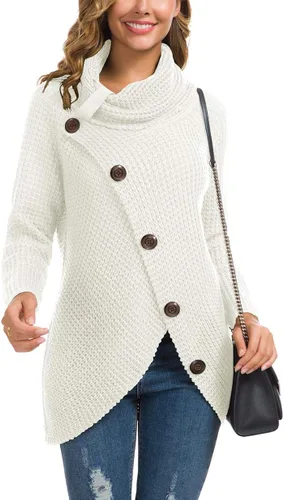 Vista 2 de GRECERELLE - Suéter de color sólido y con botones gruesos para mujer suéter de punto con cuello alto y dobladillo asimétrico
