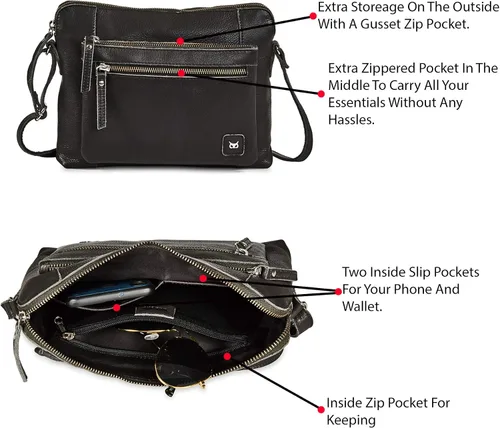 Vista 3 de Bolso cruzados pequeño y cartera de cuero auténtico granulado suave, bolso de hombro cruzado tipo bandolera de calidad prémium y triple cremallera