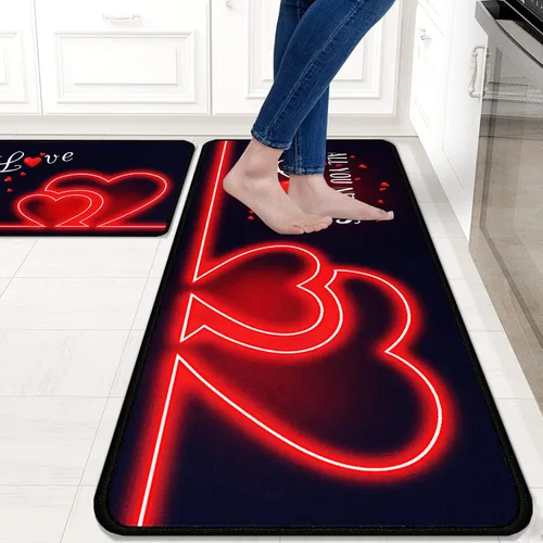 Vista 2 de Juego de 2 alfombras y tapetes de cocina, para el día de San Valentín, decoración de corazón rojo, antideslizantes, parte trasera de goma
