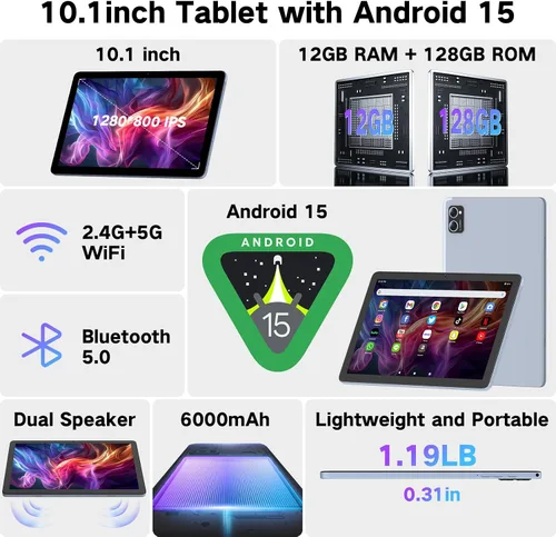 Vista 3 de Tableta Android de 10 pulgadas, tabletas Android 15 2025 para adultos, Octa-Core, 12 GB de RAM, 128 GB de almacenamiento (2 TB expandible), tableta