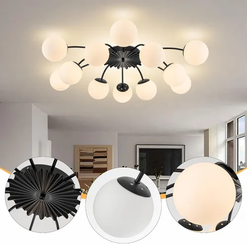 Vista 6 de Lámpara de araña Sputnik de 12 luces, color negro con burbujas de vidrio de leche Luces de techo semi empotradas, acento de flor, Art Deco