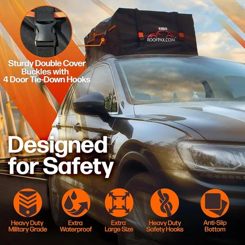 Vista 7 de RoofPax Bolsa de transporte de carga extra impermeable para techo de 15 cft, doble cremallera resistente a la intemperie, alfombrilla integrada, 10