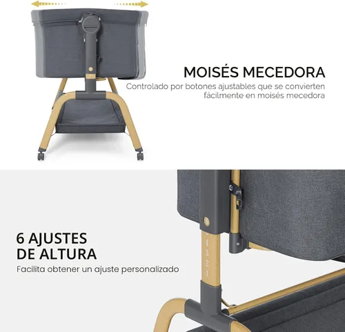 Vista 5 de ANGELBLISS Cuna de bebé 3 en 1, Cunas mecedoras para dormir al lado de la cama con colchón cómodo y ruedas, 6 alturas ajustables, plegable fácil