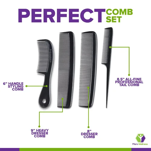 Vista 4 de Mars Wellness Juego de 4 peines profesionales negros – Fabricado en Estados Unidos – Peines de cola fina profesional, peine de peluquería – Grado