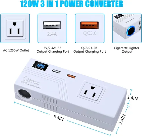 Vista 2 de BMK Convertidor de CA a CC 10A 120W Enchufe de encendedor de cigarrillos de automóvil AC 110V a DC 12V Adaptador de corriente con 2 puertos USB