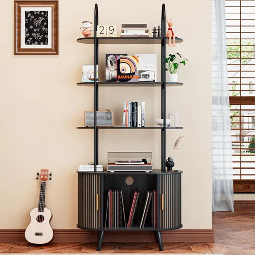 Vista 9 de Soporte Alto para Tocadiscos de Vinilo, Estantería de 4 Niveles con Puertas Corredizas, Gabinete Retro Pequeño para Almacenamiento de Discos