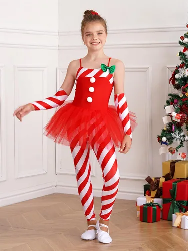 Vista 3 de Traje de baile de Navidad para niñas y niñas, ballet, gimnasia, leotardo de baile, bastón de caramelo, rayas