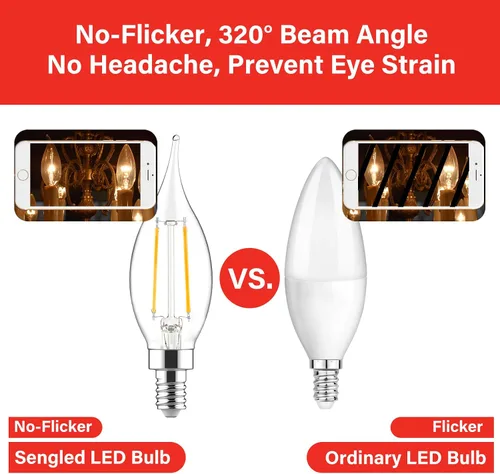 Vista 5 de Bombillas LED E12 para candelabros equivalentes a 60 W, bombillas de vela con punta de llama CA10 regulables, luz blanca suave de 2700 K, bombilla