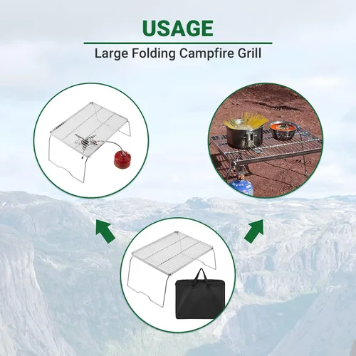 Vista 5 de YETO Parrilla de camping de dos alturas con patas de acero inoxidable 304 plegable para fogata sobre fuego portátil y bolsa de transporte