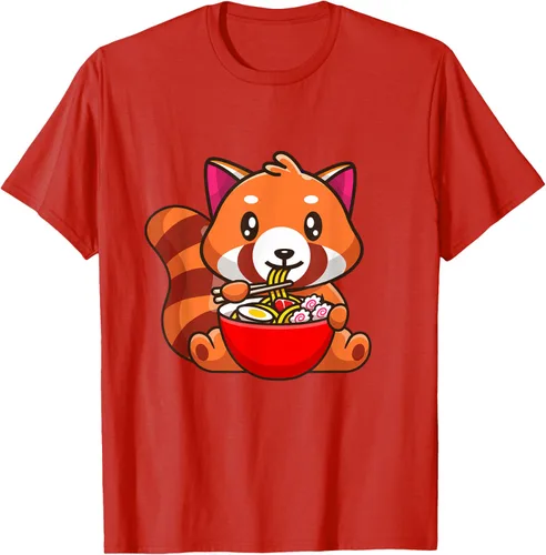 Vista 50 de Camiseta Kawaii Anime Red Panda Eating Ramen Noodles, Negro, S