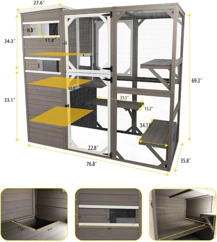 Vista 5 de Gowoodhut Catio grandes recintos para exteriores – Casa de madera para gatos resistente a la intemperie con múltiples plataformas y techo resistente