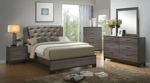 Vista 4 de NewCosmos Mesita de noche contemporánea de dos tonos gris antiguo, mueble de dormitorio, mesita de noche, centro de metal, tiradores de barra