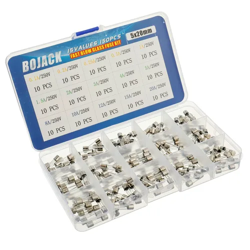 Vista 2 de BOJACK 15 Valores 150 piezas de fusibles de vidrio de soplado rápido Kit surtido 0.197x0.787 in 250 V 0.1 0.2 0.25 0.5 1 1.5 2 3 4 5 8 10 12 15 20 A