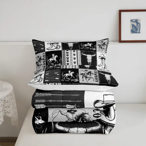 Vista 6 de Manfei Juego de edredón de vaquero occidental tamaño individual, juego de ropa de cama con estampado de calavera de toro, caballo y flecha, 2 piezas