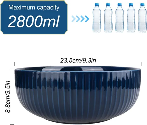 Vista 3 de Ensaladera extra grande, cuenco de frutas de cerámica de 94.7 fl oz, elegante cuenco de sopa redondo de rayas verticales azul marino, cuenco