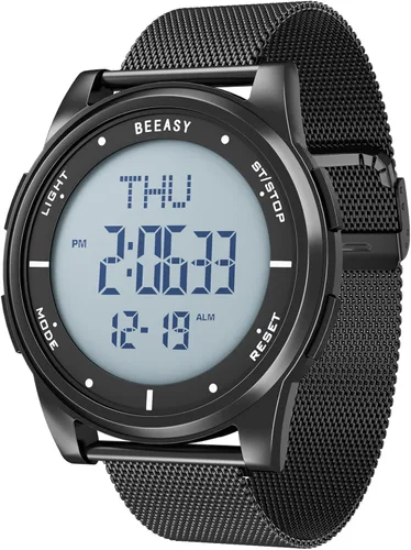 Vista 23 de Beeasy - Reloj digital de pulsera resistente al agua con cronómetro, alarma, cuenta regresiva, doble zona horaria, ultrafino, pantalla angular muy