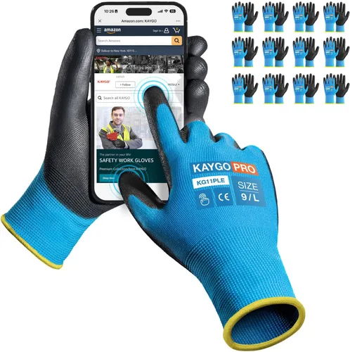 Vista 108 de KAYGO KG11PB - Guantes de trabajo de seguridad con revestimiento de poliuretano, 12 pares de guantes de punto sin costuras para hombres y mujeres