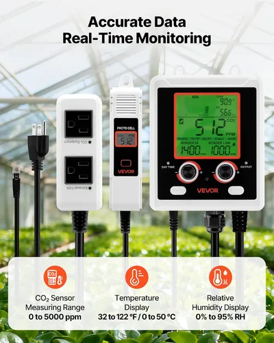Vista 2 de VEVOR Detector de dióxido de carbono, monitor de CO2 de doble salida, función de detección de día y noche, detector de CO2 de refugio constante