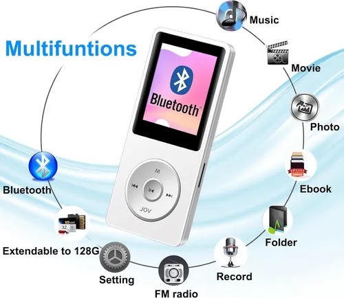 Vista 2 de Aigital Reproductor de MP3 con Bluetooth y tarjeta TF de 32 GB, reproductor de música de alta fidelidad con altavoz y auriculares integrados