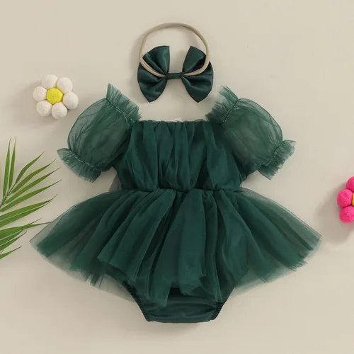 Vista 2 de BULINGNA Mameluco de princesa de verano para bebé niña, con manga de burbujas, tutú con falda y diadema para cumpleaños o Navidad