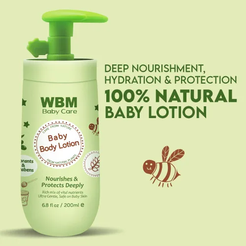 Vista 2 de WBM Care Baby Lotion Loción nutritiva para rostro y cuerpo enriquecida con miel natural y aceite de germen de trigo, suave y segura