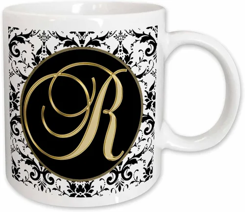 Vista 9 de 3dRose Imagen de la letra R en negro blanco y dorado 11oz taza negra de dos tonos