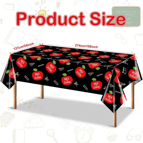 Vista 2 de Whaline Mantel de fiesta de bienvenida de regreso a la escuela, 3 piezas, 54 x 108 pulgadas, impermeable, manzanas rojas, mantel de plástico