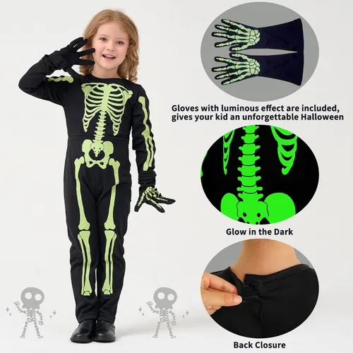 Vista 3 de Disfraces de esqueleto para niños que brillan en la oscuridad, disfraz de fiesta de Halloween con guantes para niñas y niños
