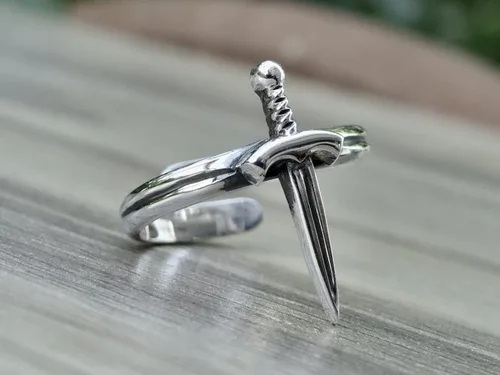 Vista 3 de Anillo de espada de plata de ley 925, banda de daga, ajuste abierto, joyería unisex