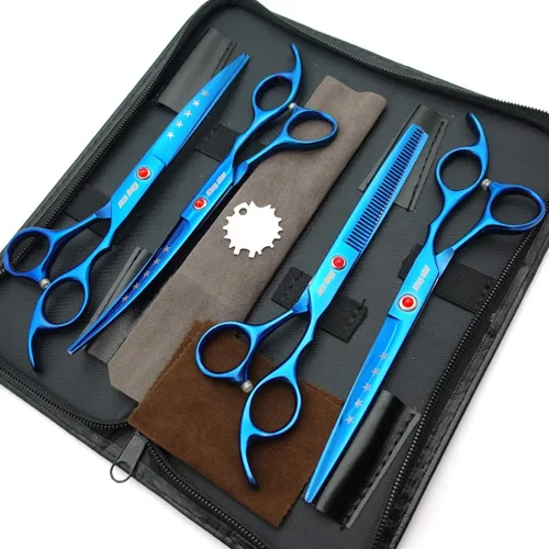 Vista 2 de KINGSTAR Juego de tijeras profesionales de aseo de mascotas de 7.0 pulgadas, color azul titanio, tijeras rectas, adelgazantes y curvas, juego de 4