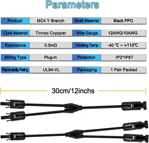 Vista 4 de Cable de extensión solar en Y, conector fotovoltaico solar, adaptador paralelo, cable de cable, kit de herramientas hembra macho para el hogar