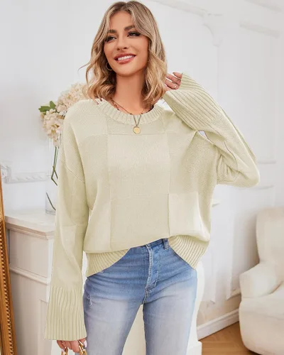 Vista 4 de ZAFUL Women's Pull Over Sweater 2024 Checkerboard Knitted Fall Top Long Sleeve Crew Neck Soild Color Casual Cropped Sweaters