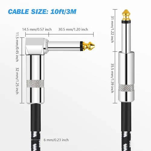 Vista 2 de Cable de guitarra, cable de instrumento, cable de bajo, cable de guitarra de 10 pies, cable de audio curvado recto de 0.250 in para varios