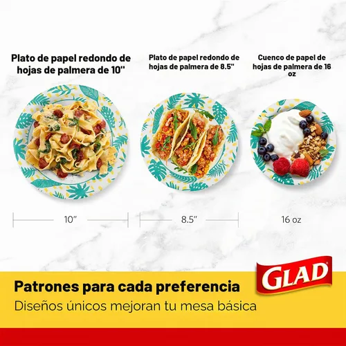 Vista 6 de Glad Platos de papel desechables redondos, patrón de hojas de palma Papel revestido, a prueba de remojo y resistente a cortes, apto para microondas