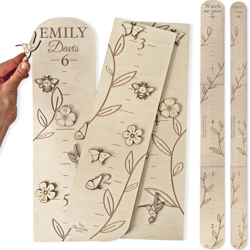 Vista 11 de Tabla de crecimiento de regla de madera personalizada para niños con marcadores de altura, tabla de crecimiento con nombre personalizado, decoración