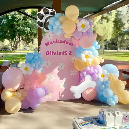 Vista 3 de Kit de arco de globos azules 140 piezas azul pastel rosa morado rubor globos con margarita hueso pata de perro globos de papel de aluminio