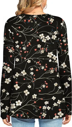 Vista 3 de HOTGIFT Blusa de manga larga con cuello redondo para mujer, para otoño, invierno, holgada, cómoda, suave, con bolsillo