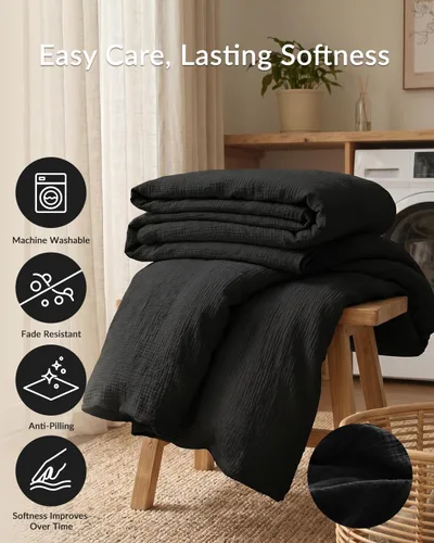 Vista 8 de SE SOFTEXLY Juego de funda de edredón de muselina tamaño Queen, 100% algodón lavado, ultra suave como el lino, funda minimalista de 3 piezas con 2