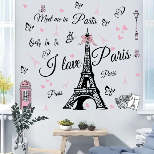Vista 6 de Pegatinas de pared de la Torre Eiffel de París, calcomanía para dormitorio, sala de estar, fondo de sofá, decoración de pared de TV, decoración