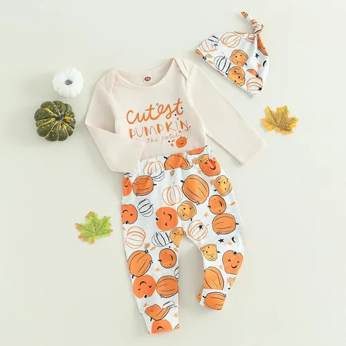 Vista 2 de FIOMVA My First Halloween Outfits Recién Nacido Bebé Niña Niño Calabaza Enterizo Enterizo + Pantalones Largos Sombrero Conjunto Lindo Otoño Invierno
