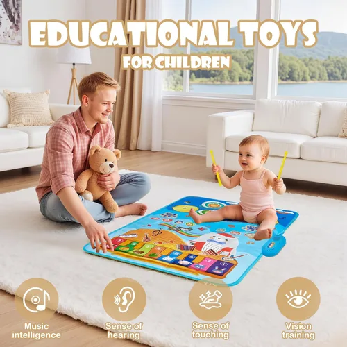 Vista 4 de Tapete de juego musical para bebé, educativa temprana 3 en 1, piano tambor de animal Touch de 31.5 x 19.6 pulgadas, manta de juego Montessori