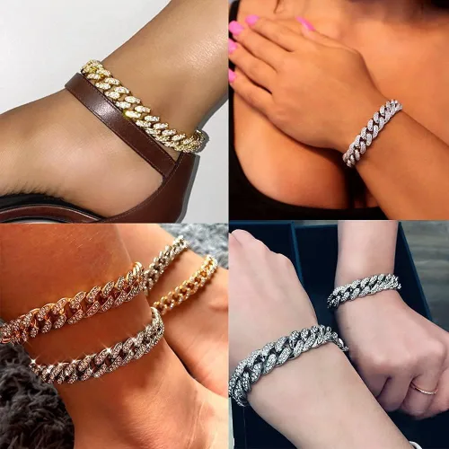 Vista 5 de Apzzic Pulsera de eslabones cubanos de Miami, chapada en oro, hip hop, con circonita cúbica, con caja de regalo para hombres y mujeres