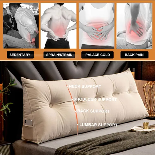 Vista 4 de Almohada triangular de cuña para cabecero, cojín de tamaño Queen, almohada de lectura para reposo prolongado, respaldo para sofá cama, litera, Beige
