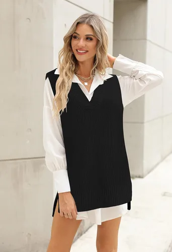 Vista 7 de Viottiset - Chaleco de punto con cuello en V y mangas sin costuras para mujer, tipo túnica, extragrande