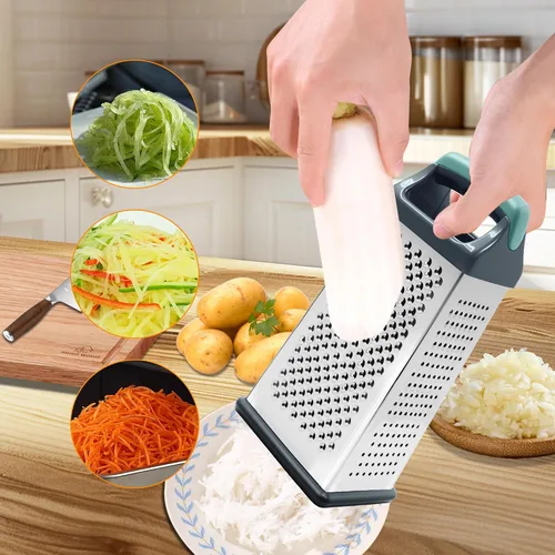 Vista 7 de Rallador de caja para cocina de 4 caras - Ralladores de queso de mano, trituradora de acero inoxidable para alimentos, verduras, zanahoria, patata
